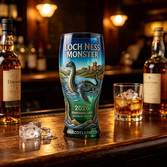 2026 Loch Ness Commemorative Embossed Beer Glass,thick lead-free sturdy build,exclusive gift box packing,vintage themed drinking cup hold assorted drinks serve as souvenir collection holiday present
