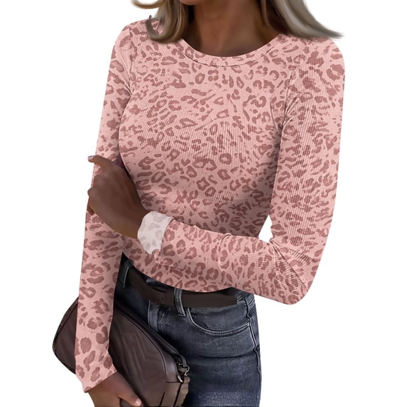 2026 Long Sleeve Leopard Thermal Shirt for Women Fleece Slim Fit Tops for Everyday Wear Crewneck Basic T-Shirts Fall Fashion 2026, 2XL