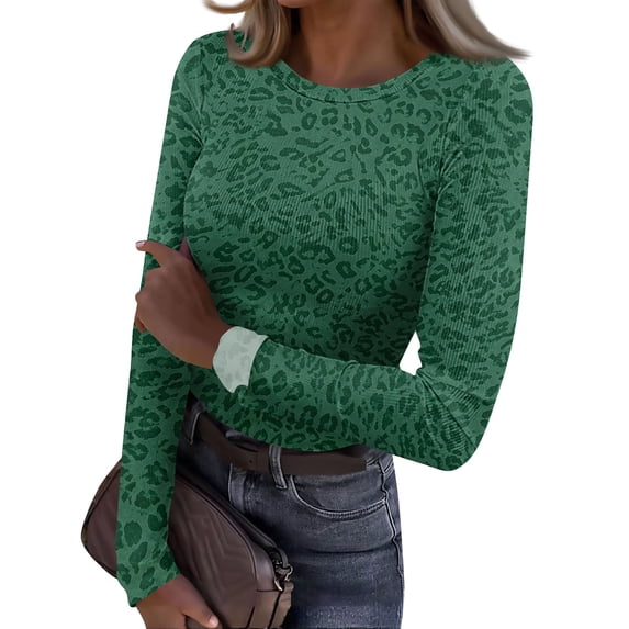 2026 Long Sleeve Leopard Thermal Shirt for Women Fleece Slim Fit Tops for Everyday Wear Crewneck Basic T-Shirts Fall Fashion 2026, L