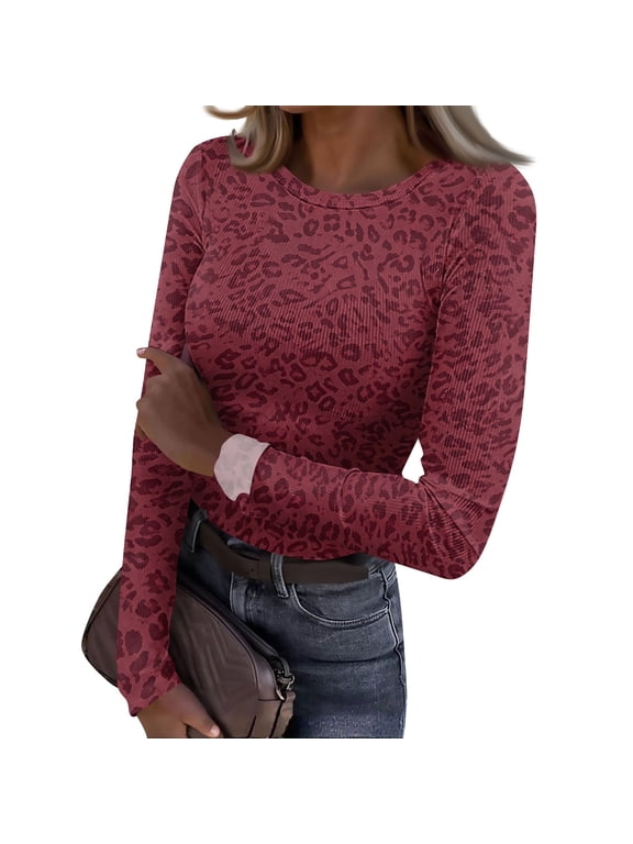 2026 Long Sleeve Leopard Thermal Shirt for Women Fleece Slim Fit Tops for Everyday Wear Crewneck Basic T-Shirts Fall Fashion 2026, XL