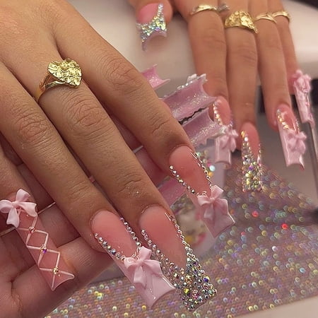2026 Long Style Bowknot Rhinestone Nail Tips, Foreign Trade Finished False Nails, 24 Pieces
