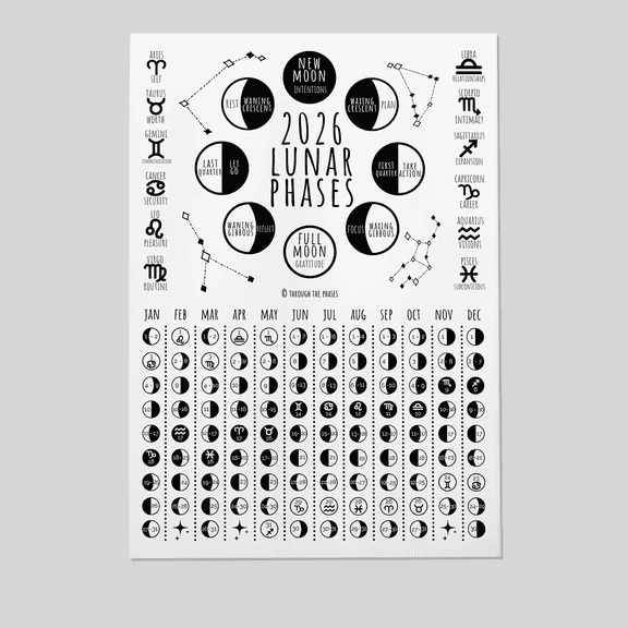 2026 Lunar Calendar Print: Full + New Moon Phases Poster, Witchy Celestial Wall Art, New Year Gift for Her, Astrology Decor Full Size 24''x36'' The Golden Shop
