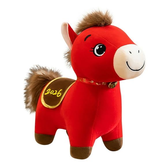 2026 Lunar New Year Red Horse Stuffed Animal, 9.8 Inch Cute Year of the Horse Mascot Plushie, Cotton Zodiac Ornament Doll for Living Room Sofa Decoration, Spring Festival Souvenir