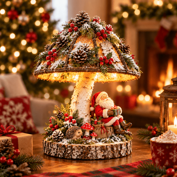 2026 Magical Christmas Mushroom Lamp, Rustic Tabletop Decor with Santa Claus Hedgehog and Snowy Pinecone Berry Details, Whimsical Holiday Centerpiece