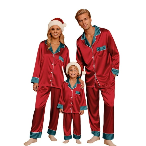 2026 Matching Christmas Pajamas For Family Long Sleeve Pj Set Silk Satin Sleepwear Button Down Loungewear with Pocket
