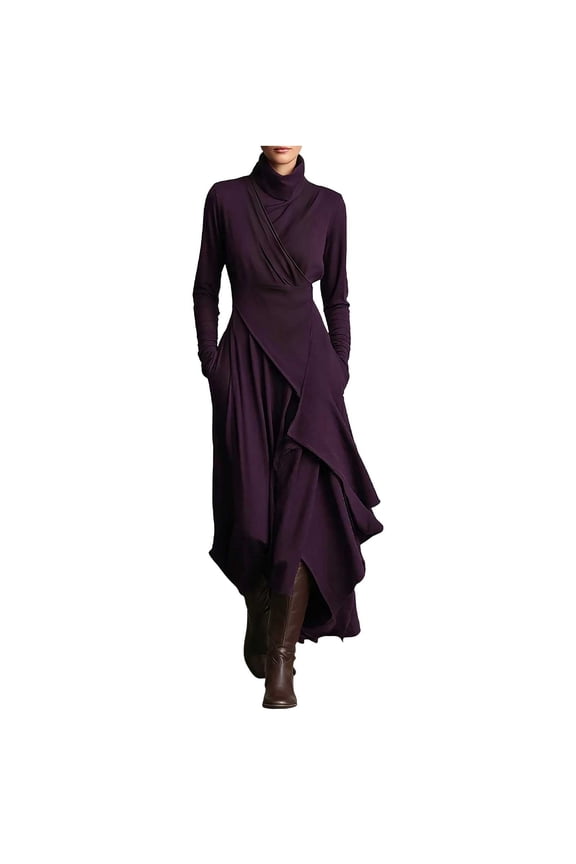 2026 Maxi Dress for Women Long Sleeve Turtleneck Long Dress Vintage Asymmetrical Ruffle Hem Gowns Dresses