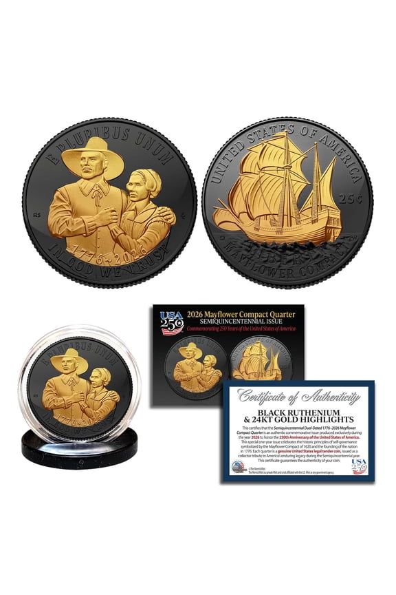 2026 Mayflower Compact Quarter Black Ruthenium with 24K Gold Highlights - America 250