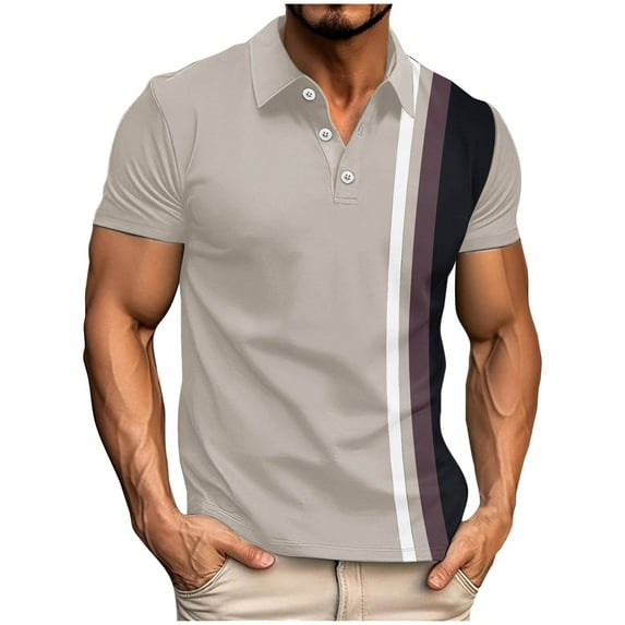 2026 Men Classic Polo Shirt Striped Button Blouse Short Sleeve Shirts Casual Oversized Tshirts Collared Tees Plus Size Tops Dressy Casual Blouses Daily Errands Works T Shirt