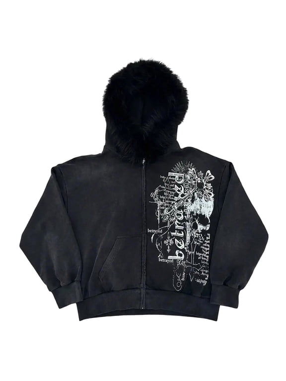 2026 Men Graphic Print Zip Up Hoodie Oversized Faux Fur Hood Jacket Y2K Goth Streetwear Sweatshirt Fall Winter