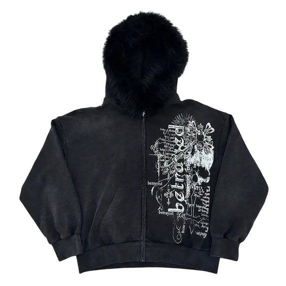 2026 Men Graphic Print Zip Up Hoodie Oversized Faux Fur Hood Jacket Y2K Goth Streetwear Sweatshirt Fall Winter