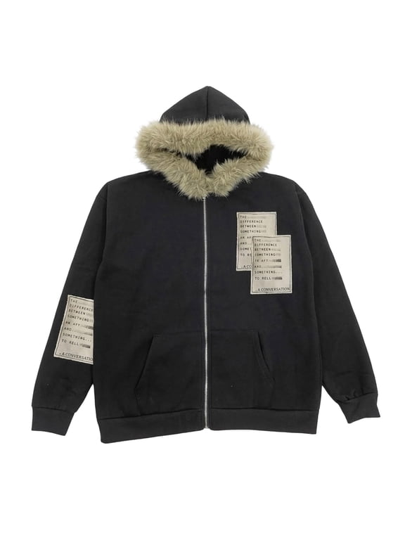 2026 Men Graphic Zip Up Hoodie Oversized Faux Fur Trim Hood Jacket Y2K Emo Grunge Streetwear Fall Winter Outer Top