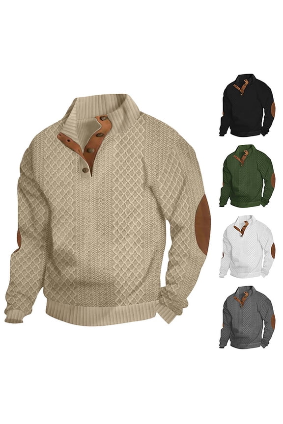 2026 Men's Cable Knit Pullover Sweater Casual Long Sleeve Stand Collar 1/4 Button Knitted Sweaters White M