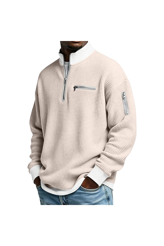 2026 Men's Casual Fashion up Collar Contrasting Zipper Sweatshirt - Men's Loose Waffle Half-Zip Pullover - Soft Lightweight Quarter-Zip Knit Top for Daily & Professional Wear 2026