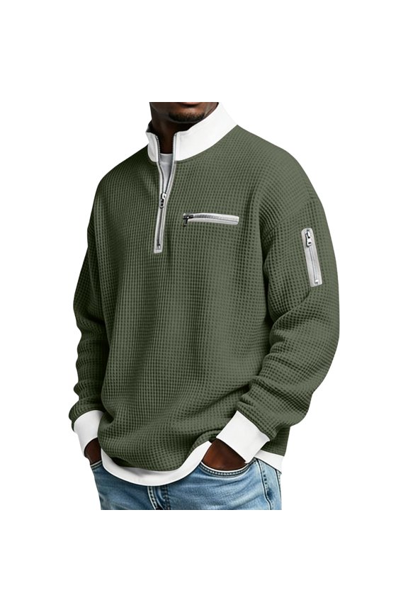 2026 Men's Casual Fashion up Collar Contrasting Zipper Sweatshirt - Men's Loose Waffle Half-Zip Pullover - Soft Lightweight Quarter-Zip Knit Top for Daily & Professional Wear 2026