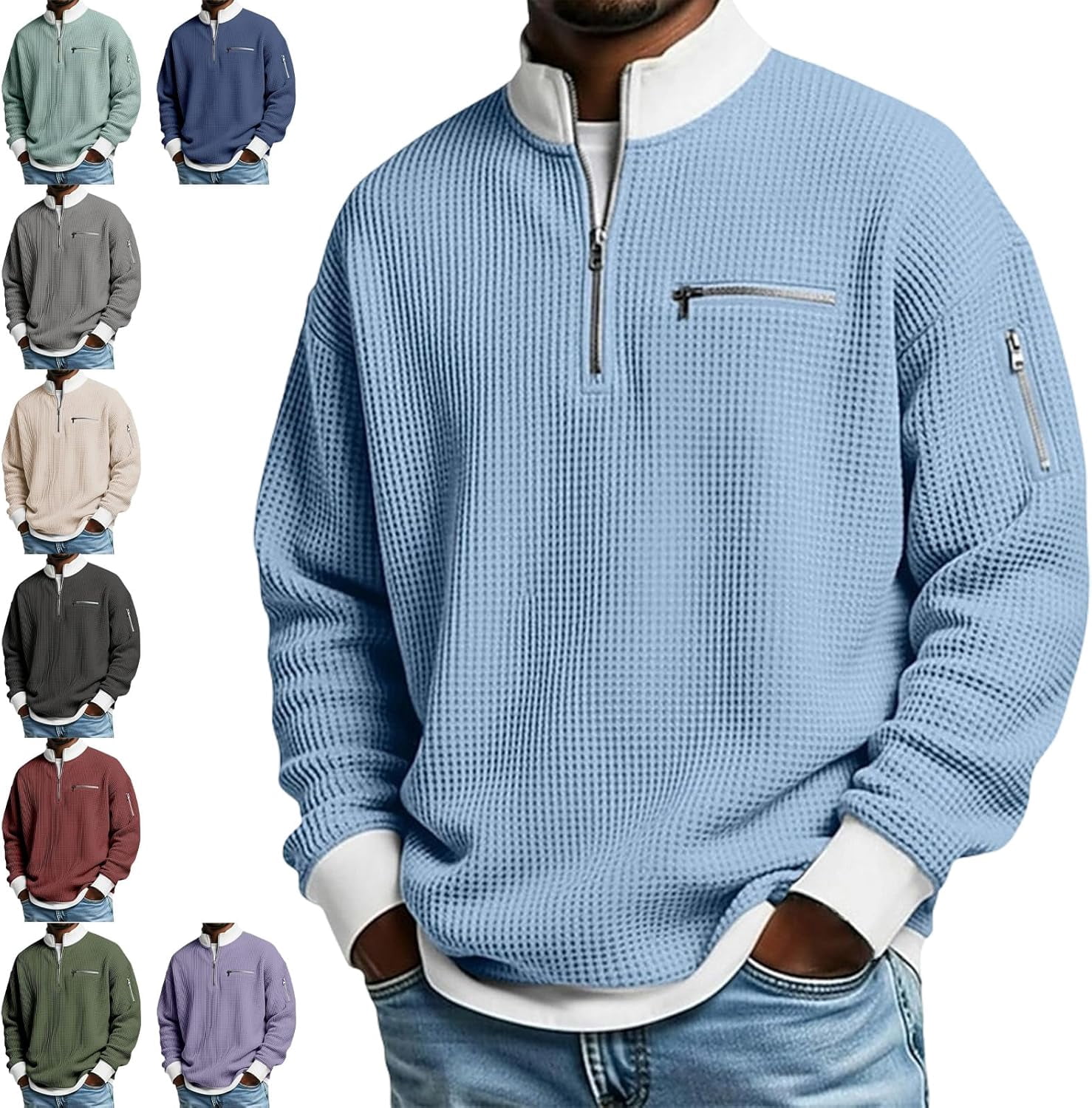 2026 Men's Casual Fashion Up Collar Contrasting Zipper Sweatshirt ...