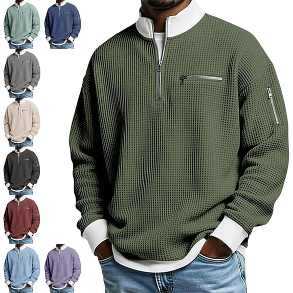 2026 Men's Casual Fashion Up Collar Contrasting Zipper Sweatshirt, Loose Fit Waffle Pullover, Lightweight Long Sleeve