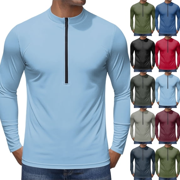 2026 Men's Long Sleeve Sun Shirts Stand Collar 1/4 Zip Up Fishing Running Rash Guard Outdoor Lightweight T-Shirts,Sky Blue,3XL