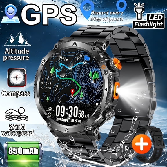 2026 Men's Outdoor Smart Watch, 1.7" HD Full Touch Screen, GPS, Compass, Altitude Pressure, LED Flashlight, 850mAh Battery, Wireless Calling, AI Voice Assistant, 120+ Sports Modes