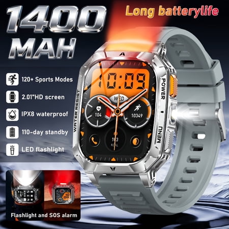 2026 Men's Outdoor Smart Watch 2.01" HD screen, dual-color flashlight, 120+ sports modes and wireless calling. Ideal as gifts.