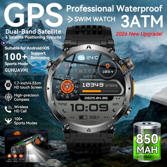 2026 Men's Outdoor Smartwatch, 6-Star GPS, 850mAh Battery, 1.7" Full Touch Screen, Call, Flashlight, Compass, 100+ Sports Modes