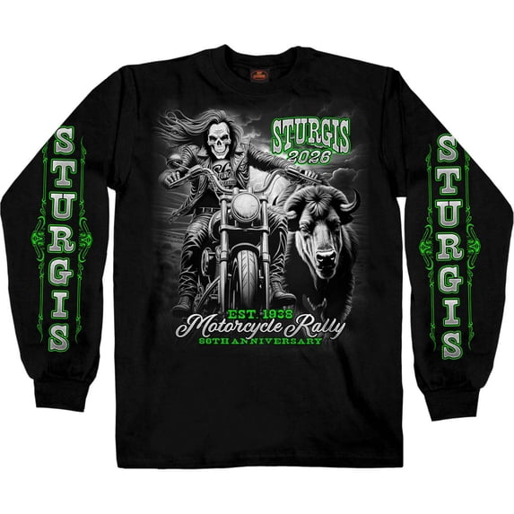 2026 Men's Sturgis Motorcycle Rally Skull Chaser #1 Black Long Sleeve Shirt - SPB2134 Medium