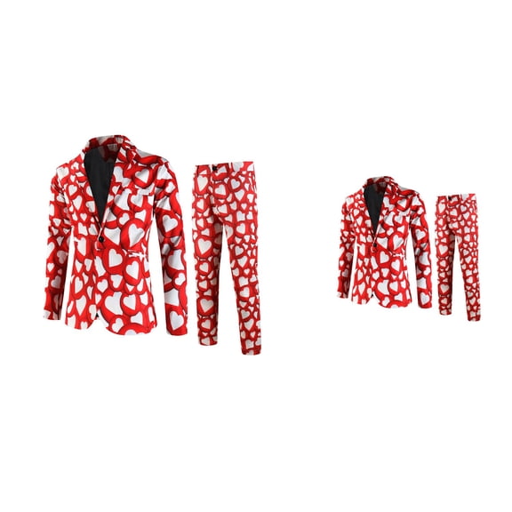 2026 Men's Valentine's Day Heart Print Slim Fit Suit Set, Fashion 2 Piece Blazer and Pants Outfit, Casual Love for Party Wedding