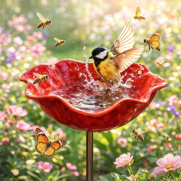 2026 Metal Flower Garden Stakes Mini Bird Bath Bee Bath Handmade Metal Flower Garden Stake Garden Outdoor Decorations are Suitable for Butterflies, Hummingbirds (Red)