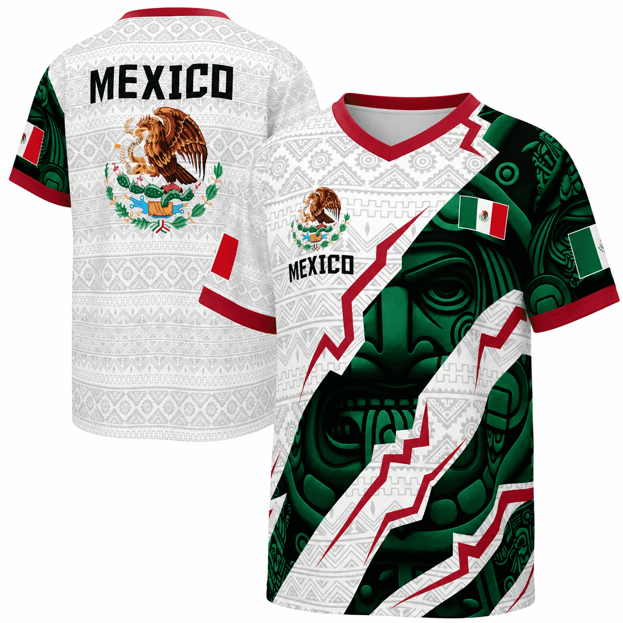 2026 Mexico Aztec Calendar Style Soccer Jersey, Men’s V-Neck Short Sleeve Fan Shirt for Game Day, Training, Travel, and Casual Wear