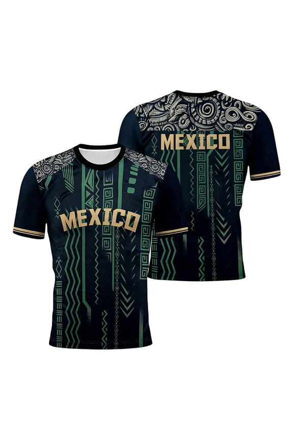2026 Mexico Soccer Tops Men Crew Neck Short Sleeve Mexico Soccer Jerseys Black Gold Cultural Graphic National Mexican Football Supporter Jersey shirts,Black S