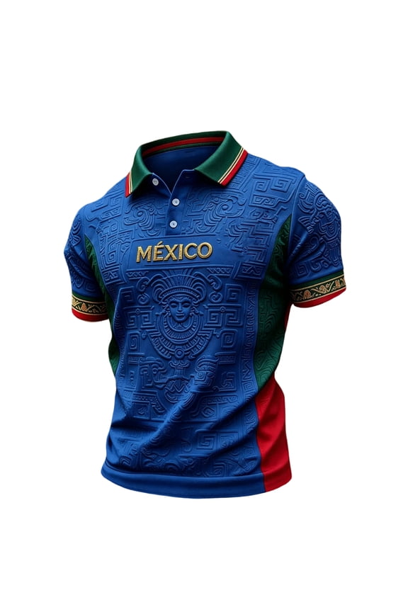 2026 Mexico Soccer Tops Men Crew Neck Short Sleeve Mexico Soccer Jerseys Black Gold Cultural Graphic National Mexican Football Supporter Jersey shirts,Blue L