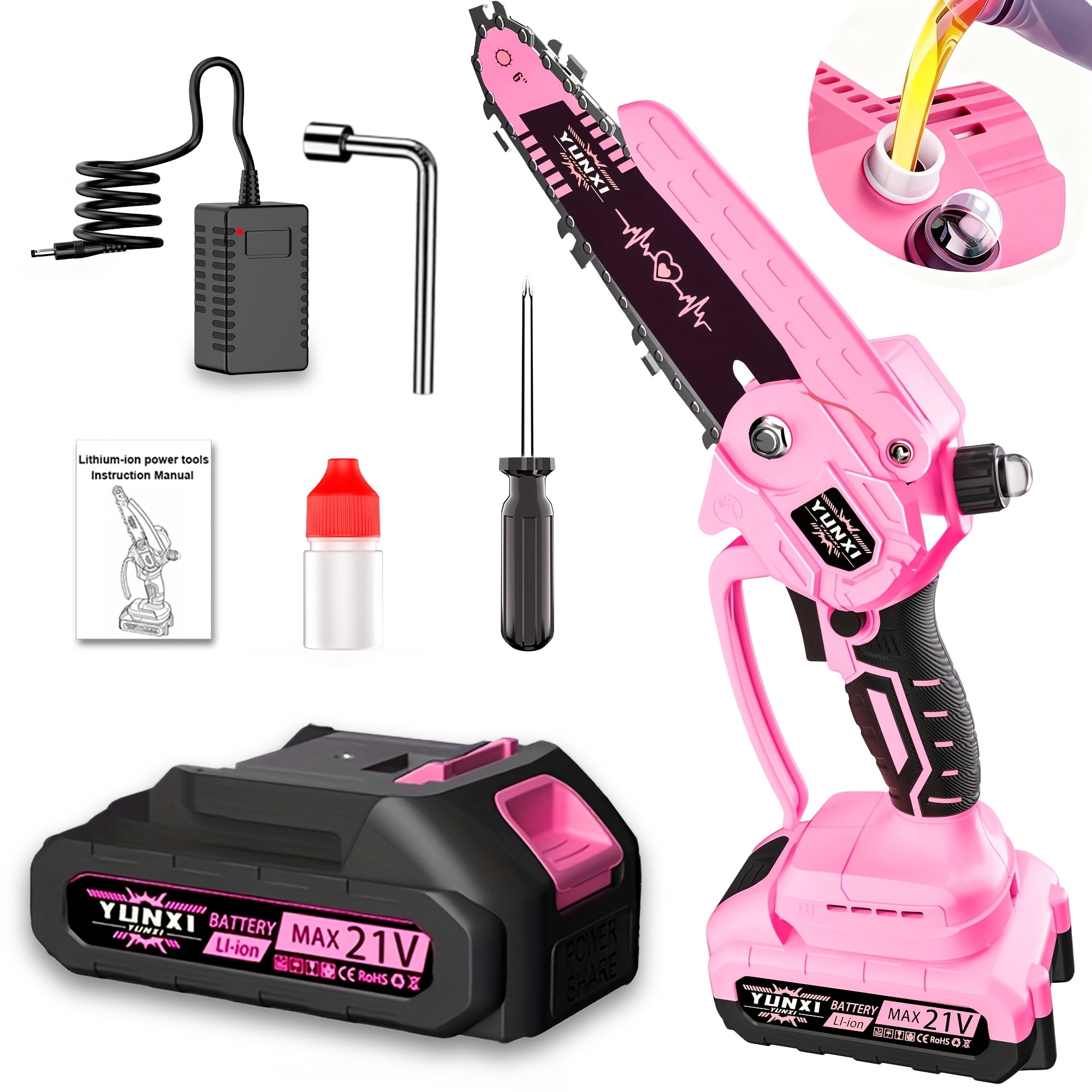 2026 Mini 6-inch Cordless Chain Saw, 21V Battery Powered, Pink, 1-2 Batteries