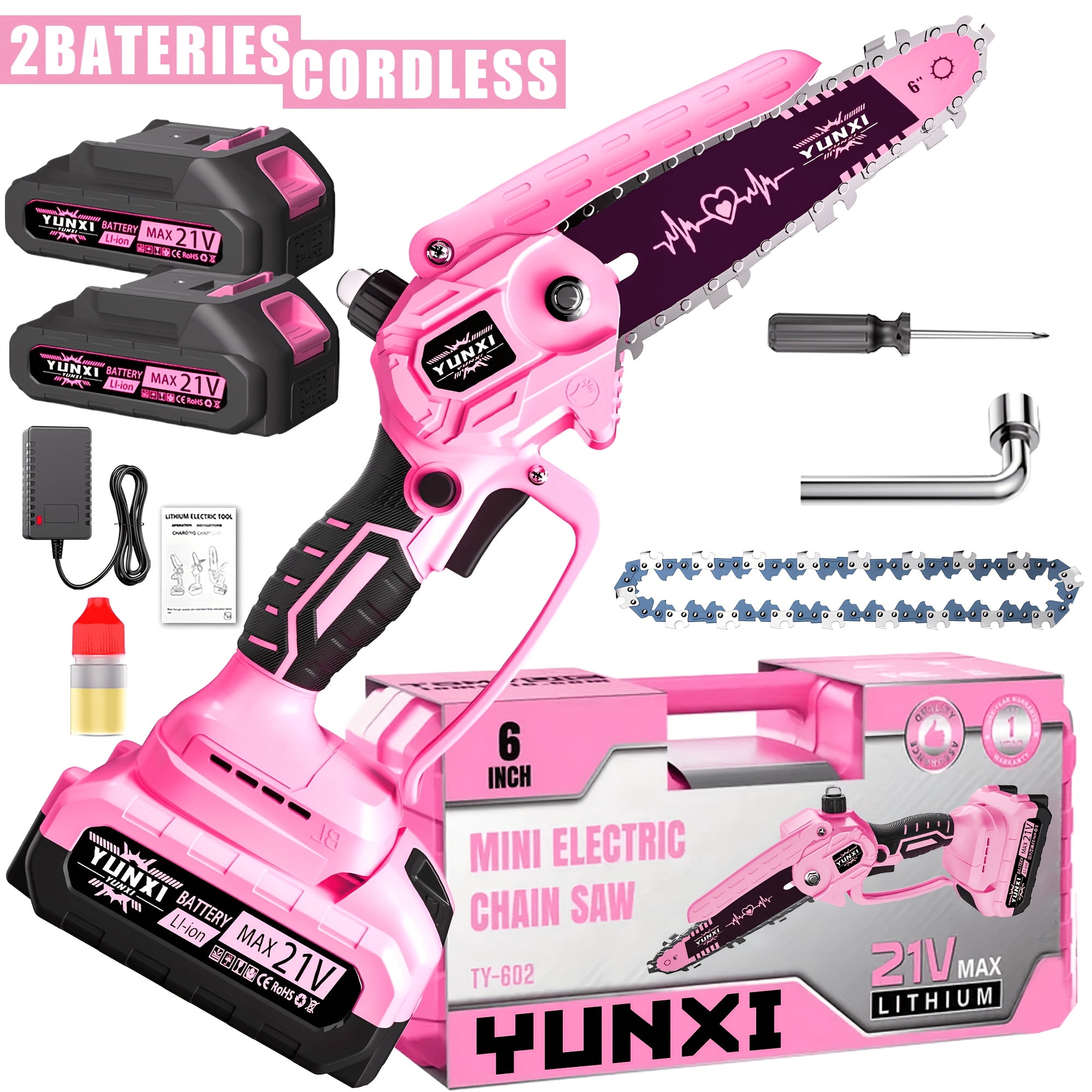 2026 Mini 6-inch Cordless Chain Saw, 21V Battery Powered, Pink, 1-2 Batteries
