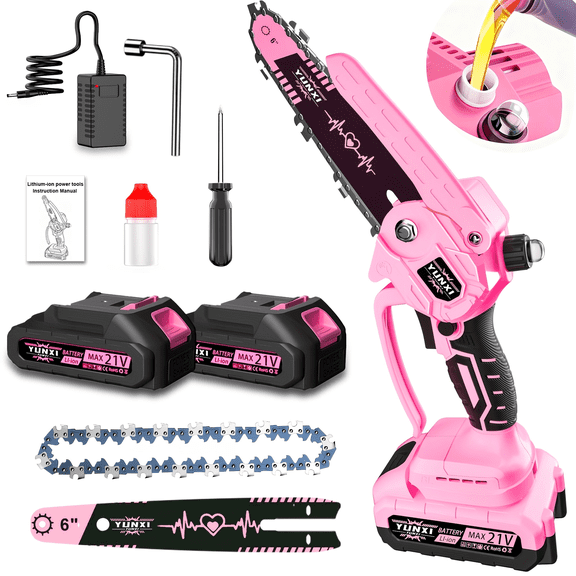 2026 Mini 6-inch Cordless Chain Saw, 21V Battery Powered, Pink, 1-2 Batteries
