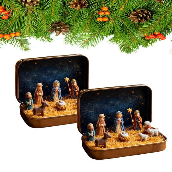2026 Mini Christmas Nativity Set in a Tin Box, Portable Pocket Birth of Jesus Ornament, Pocket Nativity Scene with Holy Family Sheep and Jesus Figurines for Home Desk, Shelf, Office Decor