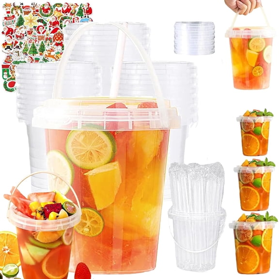 2026 Mini Drink Buckets with Lids and Straws,Reusable Plastic Boozy Buckets for Drinks 17/24/35 oz,Clear Drink Cups with Handles for Pool, Beach,Birthday Travel Party Supplies (10PCS,500ml/17oz)