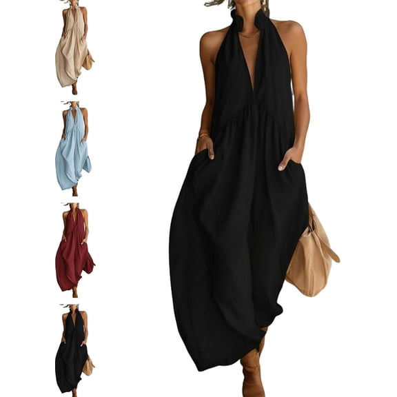 2026 Minimalist Halter Neck Maxi Dress, Women's Casual Deep V-Neck Stand Collar Sleeveless Loose Dress with Pockets