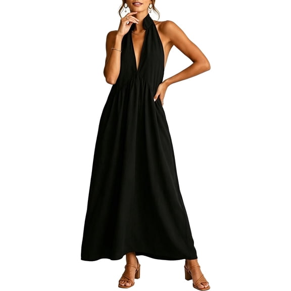 2026 Minimalist Halter Neck Maxi Dress, Women’s Sleeveless Maxi Dress with Pockets for Beach, Party, Vacation