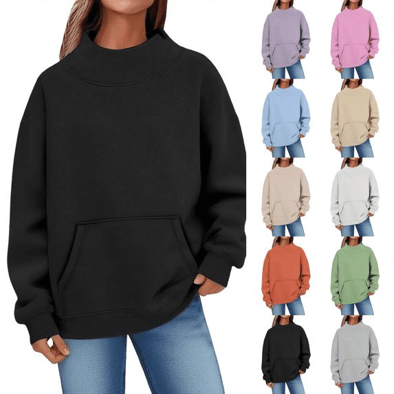 2026 Mock Neck Sweatshirt Women Fall Fashion Oversized Turtleneck Pullover Long Sleeve Sweatshirts Tops Black XL