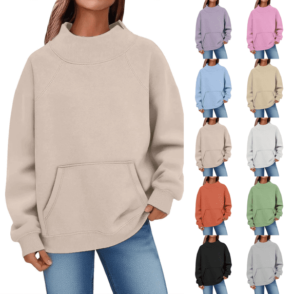 2026 Mock Neck Sweatshirt Women Fall Fashion Oversized Turtleneck Pullover Long Sleeve Sweatshirts Tops Khaki 2XL