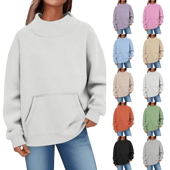 2026 Mock Neck Sweatshirt Women Fall Fashion Oversized Turtleneck Pullover Long Sleeve Sweatshirts Tops White M