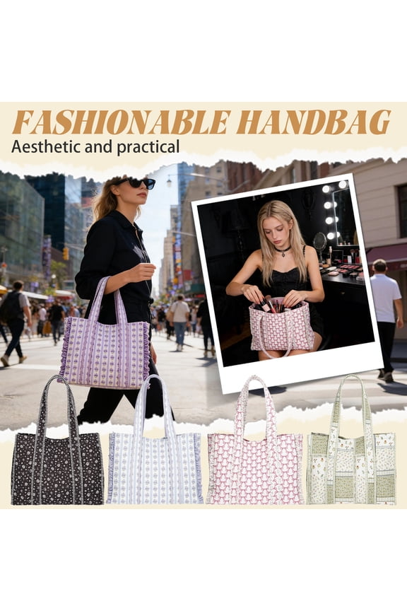 2026 Modern Women's Quilted Tote Bag with Classic Allover Print Design, Green Patchwork/Stripe