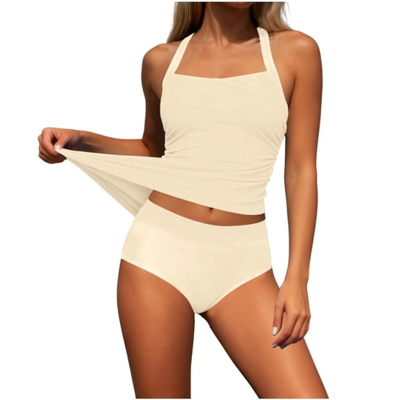 2026 Modest Tankini Swimsuits for Women Two Piece Athletic Solid Bathing Suits Blouson Tank Tops with Shorts