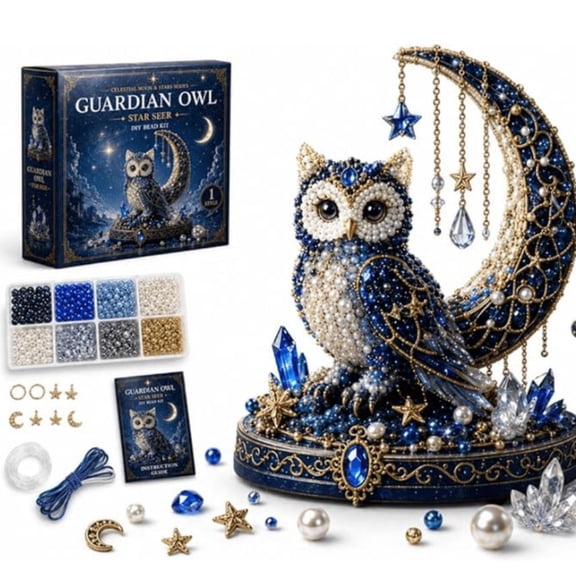 2026 Moon Cat Luna Guardian DIY Bead Kit, 3D Beaded Celestial Moon & Stars Series, Tiny 3D Handmade Cat Craft Kit, Beginner-Friendly Magical DIY Home Decor (Guardian Owl)