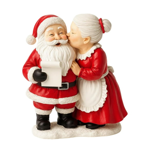 2026 Mr. & Mrs. Santa Claus Resin Figurines Set of 2 – Hand-Painted Christmas Decorations Couple Kissing Pose Vintage Red & White Holiday Mantel Tabletop Décor, Christmas Gift