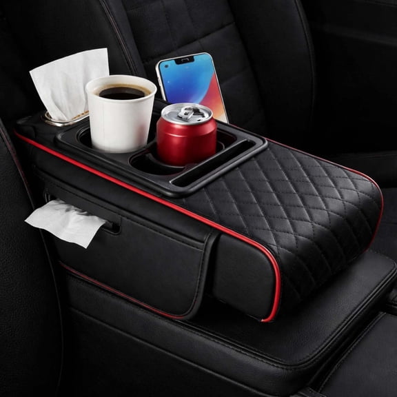 2026 Multifunctional PU Leather Car Armrest Box Mat,5-in-1 Center Console Cover with Cup Holder with 2 Storage Bags,Tissue Box Slot, Phone Slot,Universal Car Armrest Storage Bag