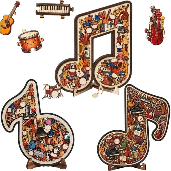 2026 Musical Note Instrument Jigsaw Puzzle Ornament, 3D Wooden Music Note Puzzle, Stunning Display Art and Classic Musical Note Outer for Music Lovers Teachers B