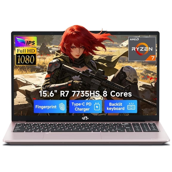 2026 NEW 15.6" Gaming Laptop, AMD Ryzen 7 7735HS (Boost 4.75GHz), 16GB DDR5 RAM, 256GB SSD, AMD Radeon 680M, 1080P FHD Display, Backlit Keyboard, 100W PD Fast Charge, 2X Full-Function USB-C, RoseGold