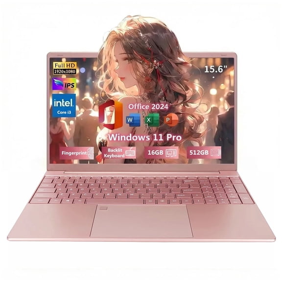 2026 NEW 15.6" Rose Gold Laptop, Office 2024, Windows 11 Pro, FHD 1080P IPS Display, 16GB RAM 512GB SSD, Intel Core i3 Processor, Backlit Keyboard, Fingerprint Reader, USB3.0 Webcam WiFi5, Pink