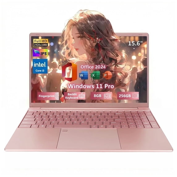 2026 NEW 15.6" Rose Gold Laptop, Office 2024, Windows 11 Pro, FHD 1080P IPS Display, 8GB RAM 256GB SSD, Intel Core i3 Processor, Backlit Keyboard, Fingerprint Reader, USB3.0 Webcam WiFi5, Pink