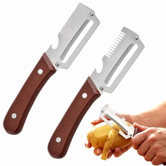 2026 New 2-Pack Multi-Functional Vegetable Peelers, Sharp Stainless Steel Fruit and Vegetable Peeler with Wooden Handle and Built-In Bottle Opener